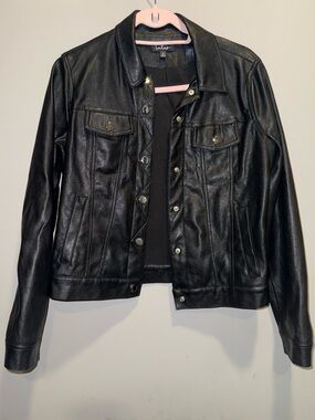 Lulu's Black Faux Leather Trucker Jacket with Snap Front